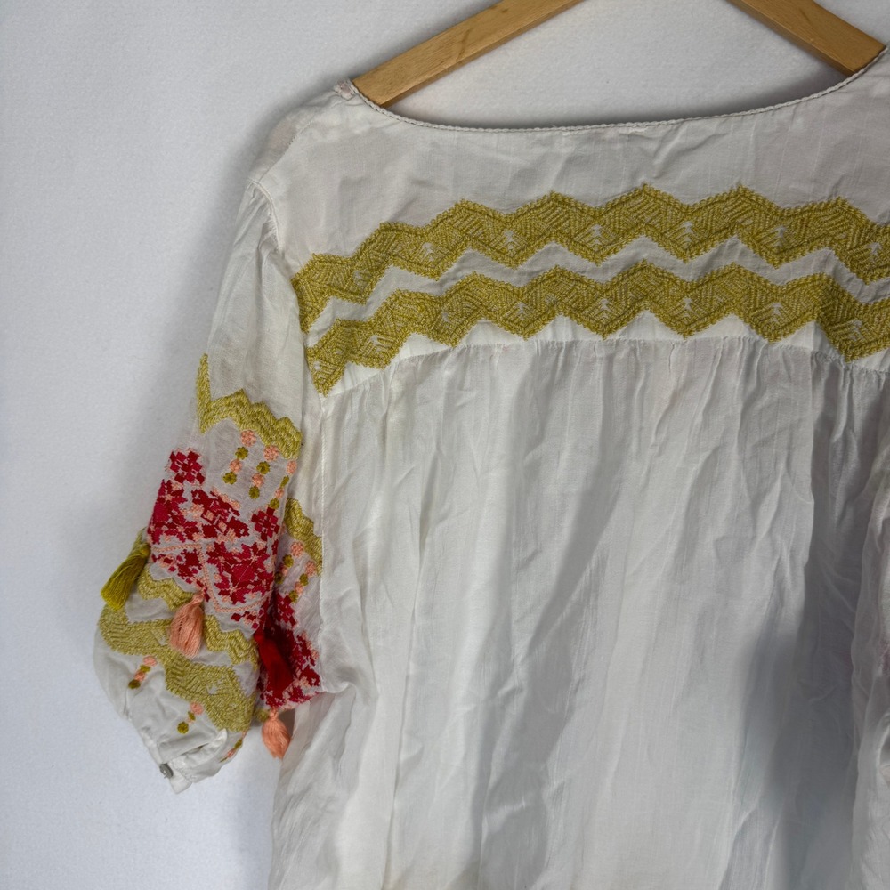 Sundance Ellora Embroidered Cotton Tassel Peasant Top White XL Boho V-Neck - Picture 13 of 14